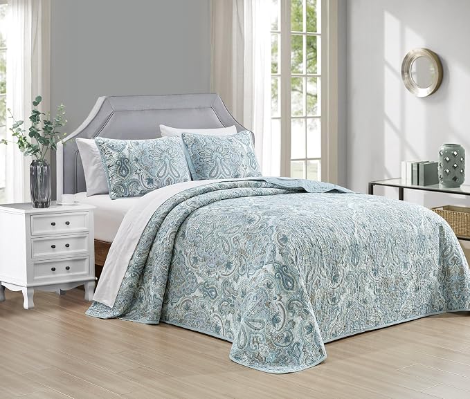 Grand Linen 3 Piece Oversized Lightweight All-Season Paisley Design Quilt Set - Image 2