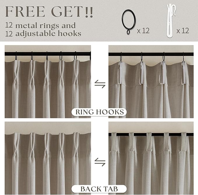 Extra Wide Curtains 60 Inch Width 84 Inches Long for Living Room Bedroom Light Filtering Semi Sheer Farmhouse Pleated Curtain Hooks Rings for Patio Sliding Door Large Window Burlywood Taupe 1 Panel