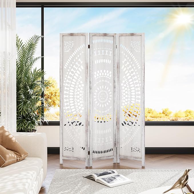 WelFurGeer Handcrafted Carved Wooden Room Divider Screen, Folding Privacy Screen - Image 7