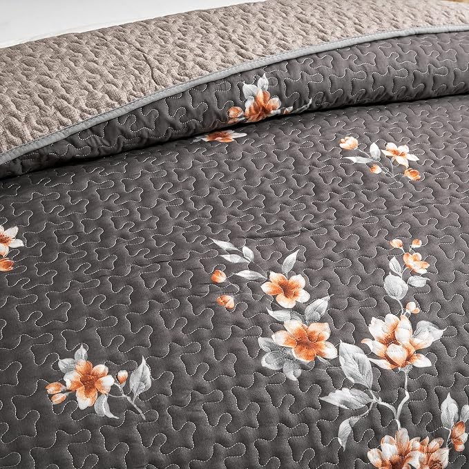 Flysheep 2 Pieces Quilt Set Twin Size, Dark Gray Floral Reversible Bedspread - Image 4
