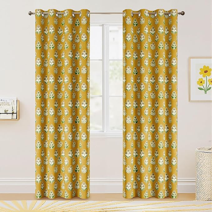 RYB HOME 100% Blackout Mustard Yellow Floral Curtains - Image 2