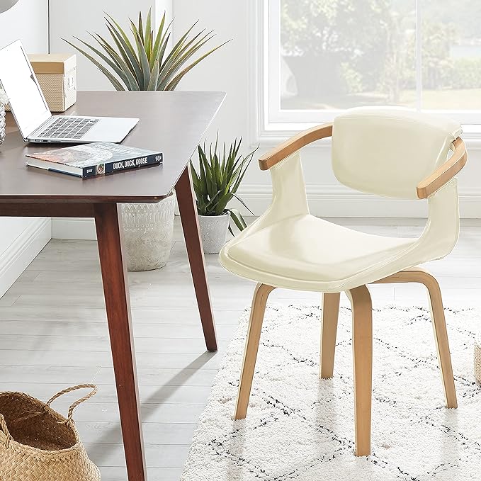 Art Leon Desk Chair No Wheels, Mid Century Modern Swivel Accent Chair, Faux Leather Home Office Desk Chair for Small Spaces Living Room Bedroom, Off White