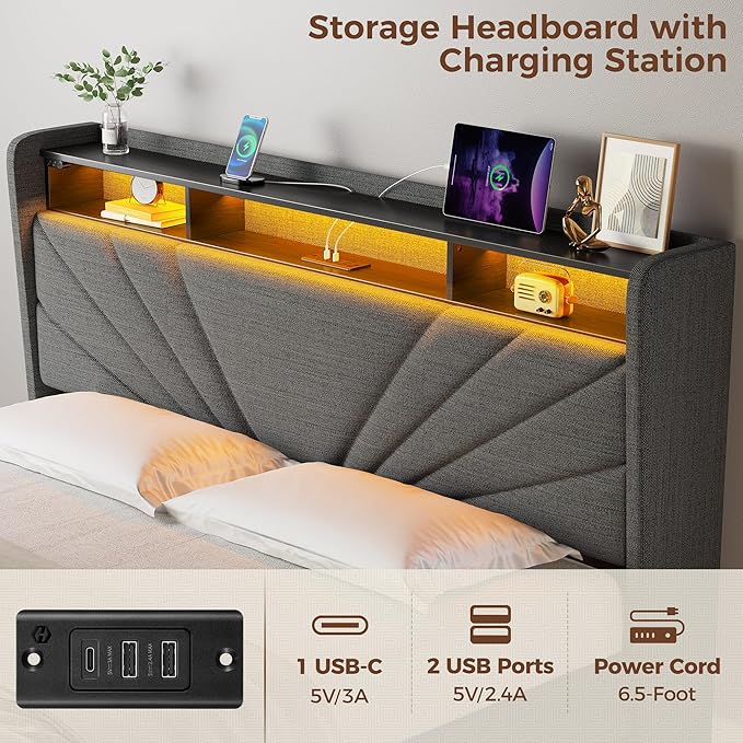 Rolanstar Queen Size Bed Frame, Storage Headboard with Charging Station and LED Lights, Upholstered Bed with Heavy Duty Wood Slats, No Box Spring Needed, Noise Free, Easy Assembly, Dark Grey