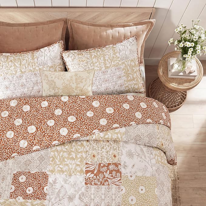 Queen Quilt Set-3 Pieces Soft Bedding Lightweight Floral Patchwork Coverlet | - Image 7