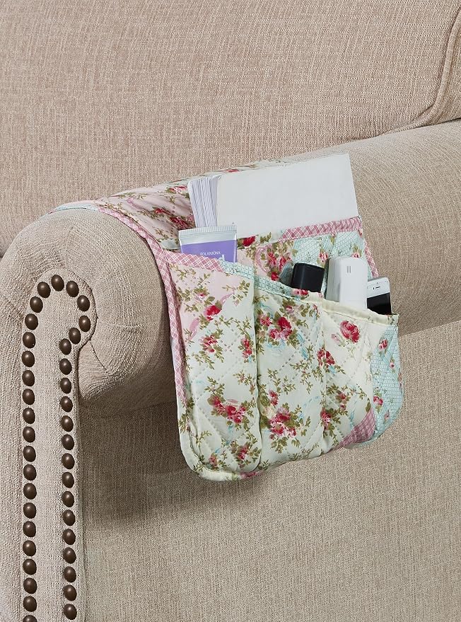 Brilliant Sunshine Pink & Green Roses Couch Armrest Cover, Armrest Organizer & - Image 3