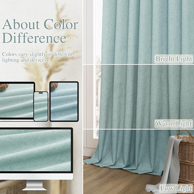 Light Blue 100% Blackout Linen Curtains 100 Inch Length 2 Panels Set - Image 7