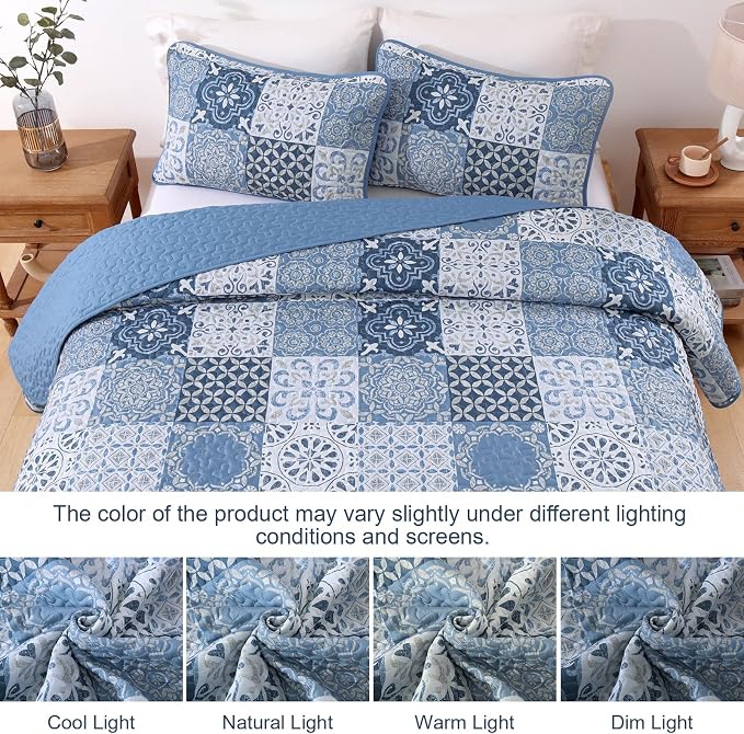 Quilt Set Queen Boho Plaid Patchwork Bedspreads Coverlet, Mineral Blue | 3Pcs - Image 9