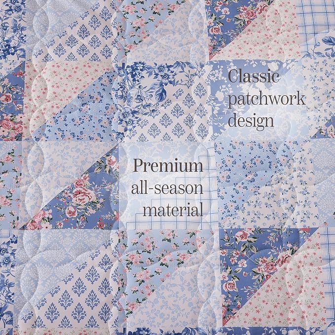 King Quilt Set-3 Pieces Soft Bedding Lightweight Floral Patchwork Coverlet | - Image 6