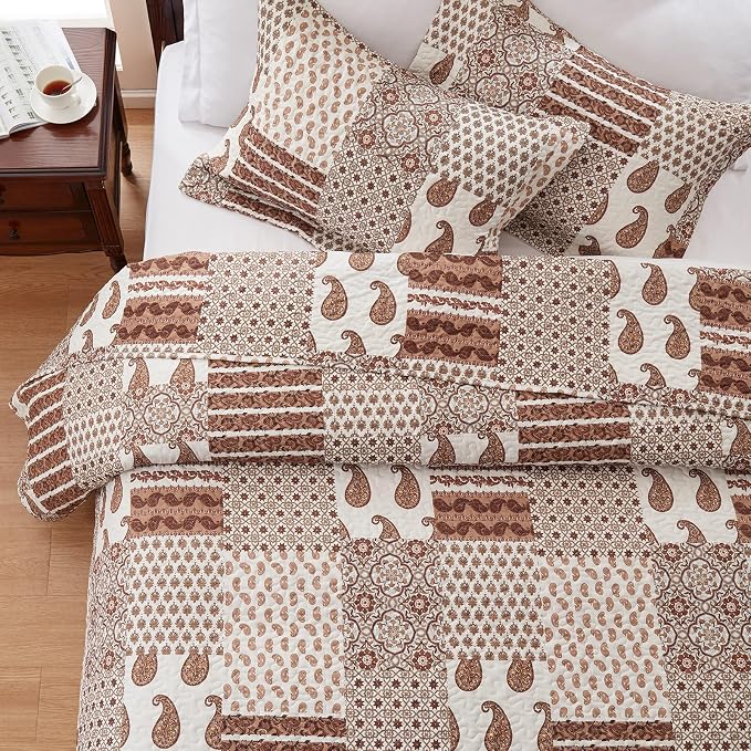 Quilt Set - Full/Queen Size Brown Paisley Patchwork 3 Piece Bedding Set - Image 5