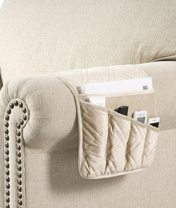 Brilliant Sunshine Beige Velvet Couch Armrest Cover, Armrest Organizer & Caddy - Image 3