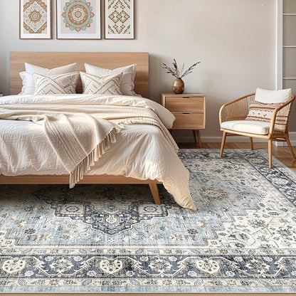 10x14 Area Rugs Living Room: Washable Boho Large Neutral Vintage Soft Rug Stain Resistant Farmhouse Non Slip Indoor Floor Carpet for Bedroom Nursery Kids Playroom Office Dining Room- Blue Tan