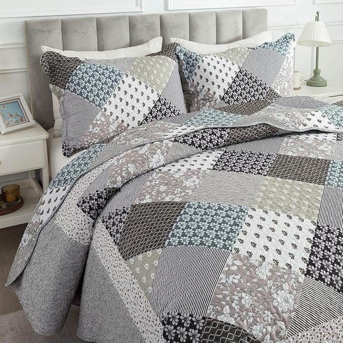 3-Piece Quilt Set Quilted Bedspread Garden Style Floral Printed Oversized - Image 3