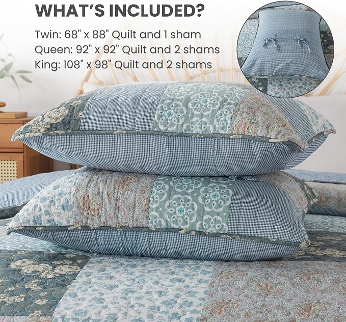 SLPR - Wildflowers Blue Floral Patchwork Cotton Quilt Set, King and 2 Shams | - Image 6