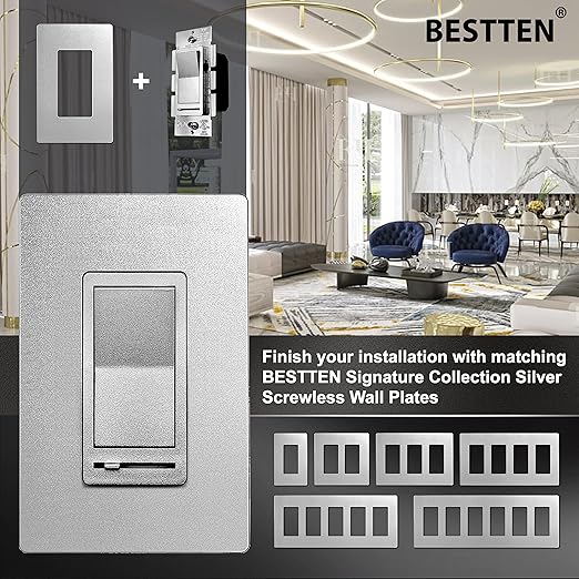BESTTEN Matte Silver Dimmer Light Switch, Single Pole or 3-Way, Compatible with Dimmable LED, CFL, Incandescent and Halogen Bulb, 120VAC, Signature Collection Series, UL Listed