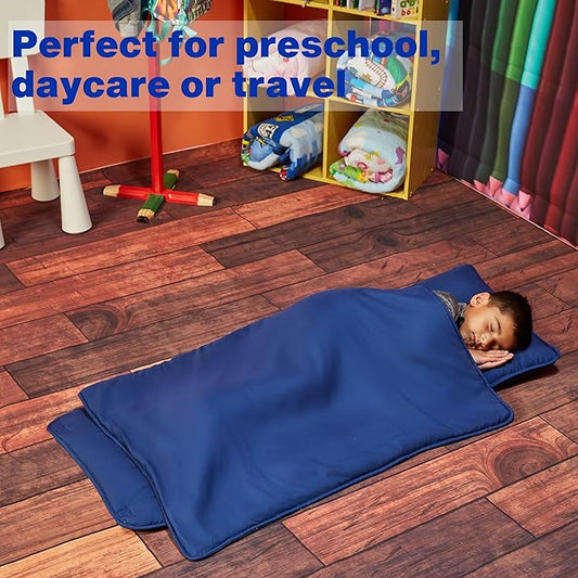EVERYDAY KIDS Nap Mat with Removable Pillow - Navy - Carry Handle with Straps Closure, Rollup Design, Soft Microfiber for Preschool, Daycare, Travel Sleeping Bag - Ages 3-6 Years