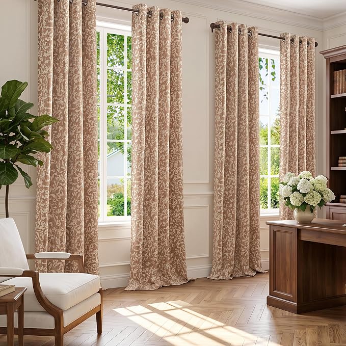 jinchan Taupe Floral Blackout Curtians 96 Inch Vintage Grommet 2 Panels | Room - Image 7