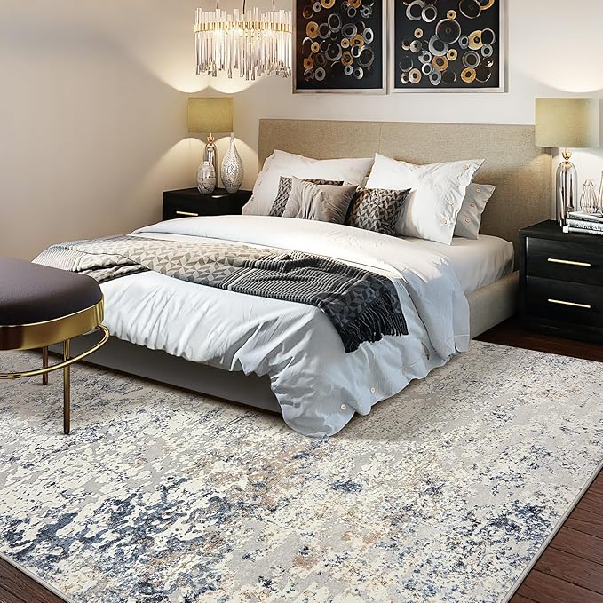 Area Rug Living Room Rugs - 6x9 Abstract Large Soft Indoor Washable Rug Neutral Modern Low Pile Carpet for Bedroom Dining Room Farmhouse Home Office - Beige Blue