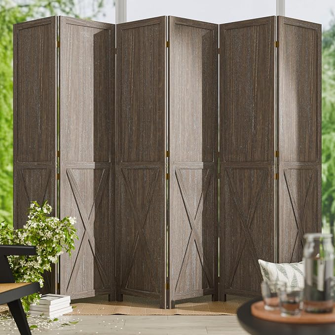 6 Panel Folding Room Divider, Solid Wood Privacy Screen, Freestanding Partition by CozyCastle