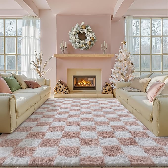Pink Area Rug 8x10 for Living Room Soft Checkered Shag Carpet | Machine Washable by PureCozy