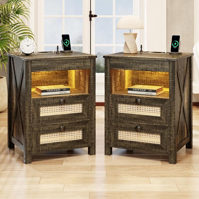 LED Night Stands Set of 2 with Charging Station | Hidden Gun Drawers, LED Human by ACTKISS