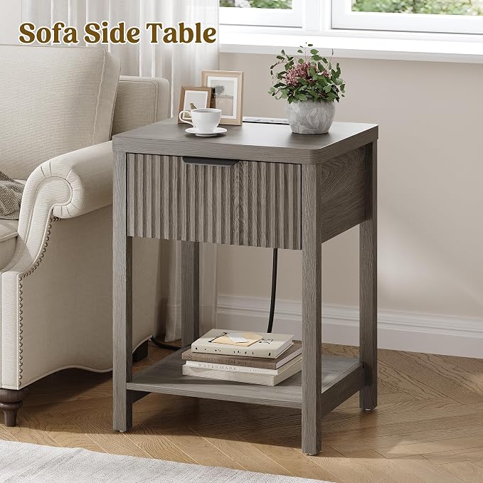 Night Stand Set 1, Fluted Wood Bedside Table w/Socket Station - Image 7