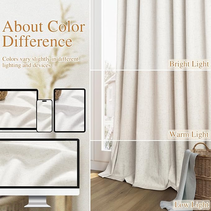 Beige White 100% Blackout Linen Curtains 110 Inch Length 2 Panels Set - Image 7