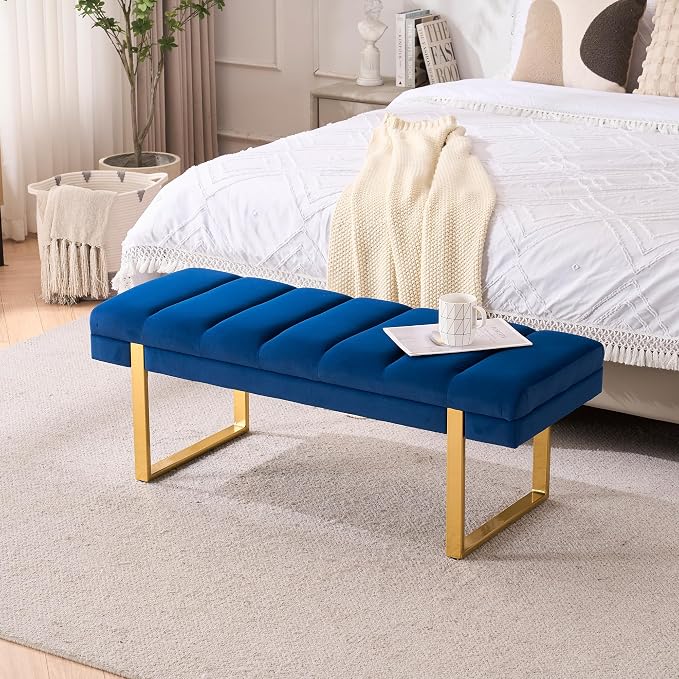 46" Velvet Navy Bench with Gold Legs - Image 3
