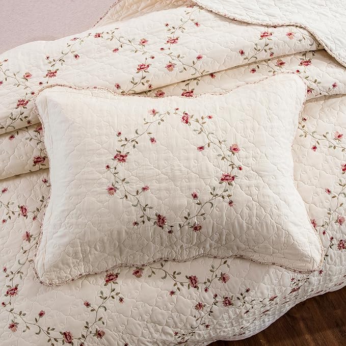 Quilt Set Classical 3D Floral Embroidery Pattern 3-Piece Cotton Reversible - Image 3