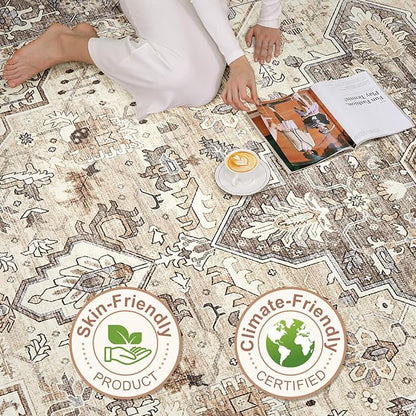12x15 Area Rug Living Room: Washable Boho Large Neutral Vintage Soft Rugs Stain Resistant Farmhouse Non Slip Indoor Floor Carpet for Bedroom Nursery Kids Playroom Office Dining Room Home Decor- Brown