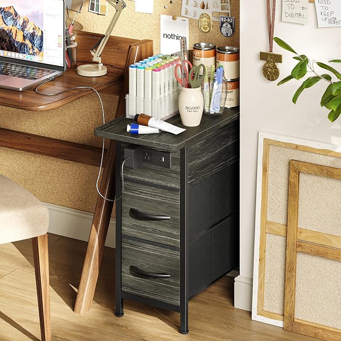 Huuger Narrow End Table with Charging Station, Side Table with 2 Drawers | Slim - Image 8