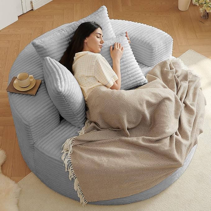 55'' Oversized Round Lounge Chaise Chair, Corduroy Upholstered Indoor Chaise - Image 3