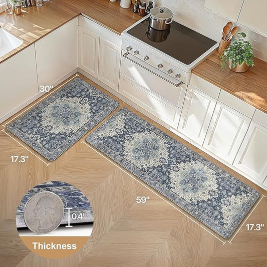GENIMO Kitchen Mats for Floor 2PCs, Washable Anti Fatigue Mat for Cushioned, 17.3"x59"+17.3"x30", Waterproof Kitchen Rugs, Non Slip Comfort Standing Mat Rug for Home, Sink, Laundry, Center Blue