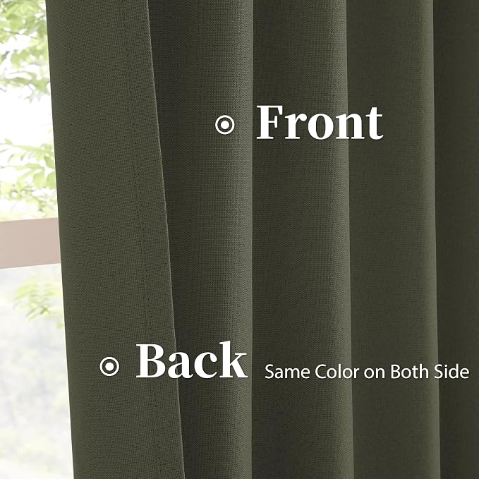 Dark Olive Green Blackout Curtains 90 Inches Long 2 Panels Set- Faux Linen - Image 4