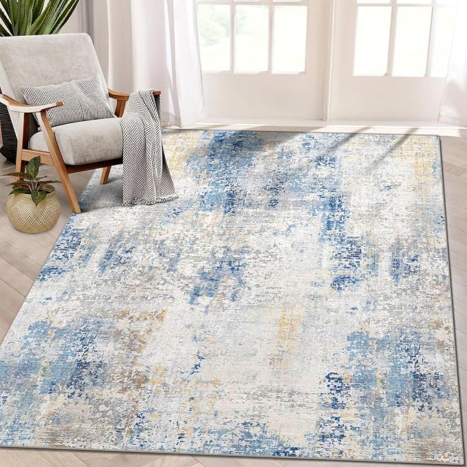 vivorug 9x12 Area Rugs for Living Room, Non Slip Machine Washable Modern Abstract Rug, Ultra-Thin Lightweight Large Area Rug for Bedroom, Dining Room, Low Pile, Blue Ivory Yellow