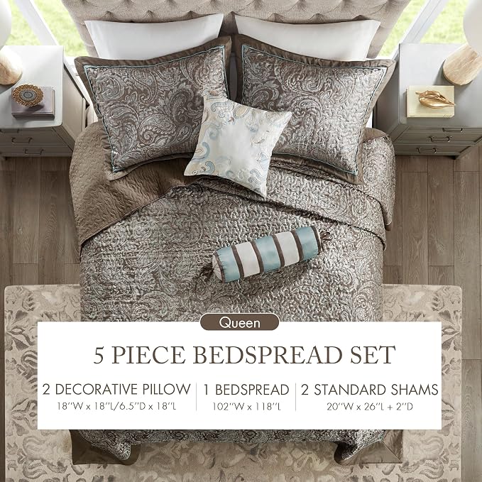 Madison Park Reversible Jacquard Quilted Queen Bedspread Set Blue/Brown - Image 7