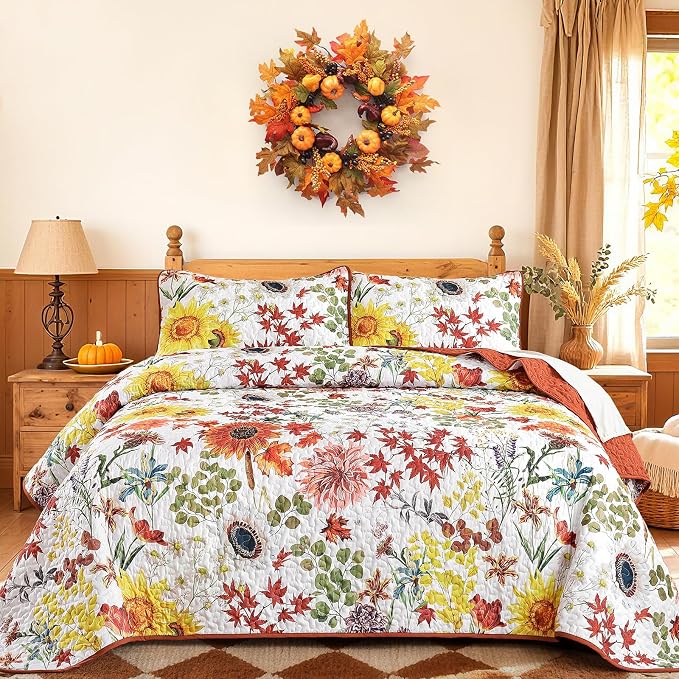 Yiran Fall Floral Quilt Set King Size, Microfiber Coverlet by Yiran