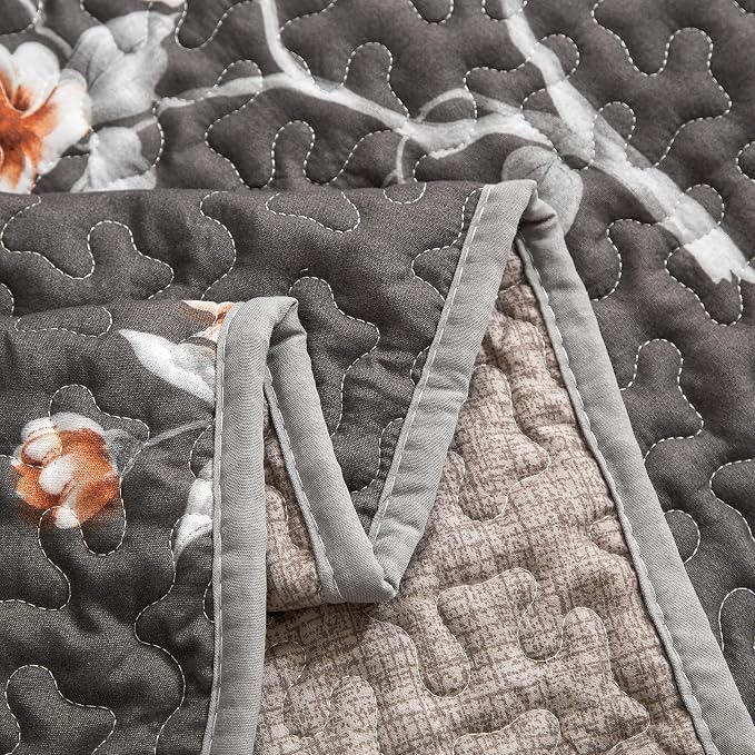 Flysheep 2 Pieces Quilt Set Twin Size, Dark Gray Floral Reversible Bedspread - Image 5