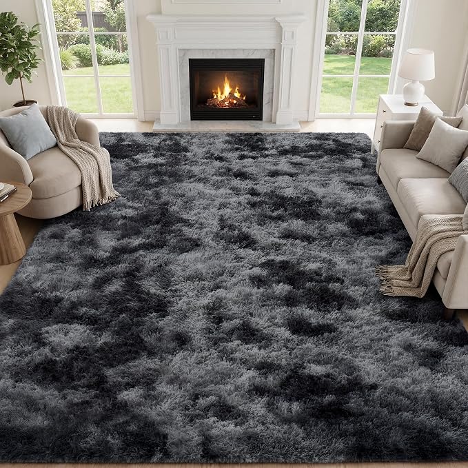 PLHXFR 9x12 Area Rugs Living Room: Fluffy Bedroom Soft Shag Rug Black Grey | - Image 2