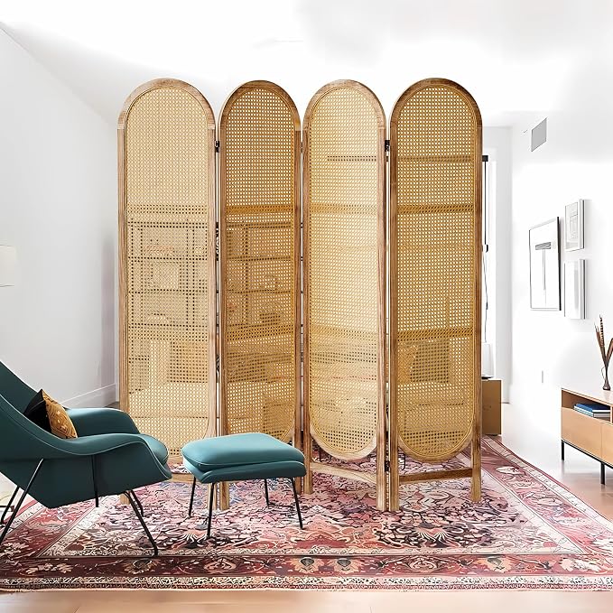 4 Panel Rattan Room Divider Screen, Boho Folding Privacy Screen | Decorative - Image 7