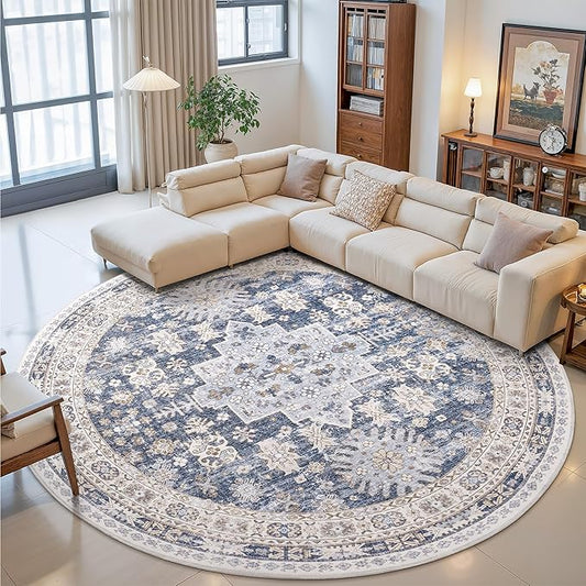 zesthome 9ft Round Rugs for Living Room, Non-Slip Washable Round Area Rugs, Ultra-Thin Large Circle Rugs, Soft Low Pile Rug for Bedroom, Kitchen - Vintage Stain Resistant Round Rug (Blue/Beige,9'x9')