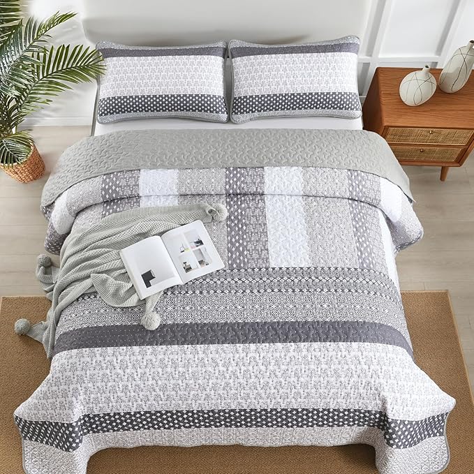 WONGS BEDDING Grey Queen Size Quilt Set, Boho Striped Patchwork Bedspread | 3 - Image 2