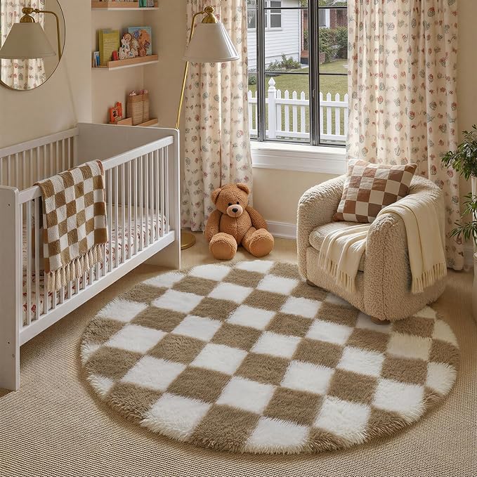 Brown Round Rug 5ft for Bedroom Soft Fluffy Checkered Shag Carpet | Machine by PureCozy