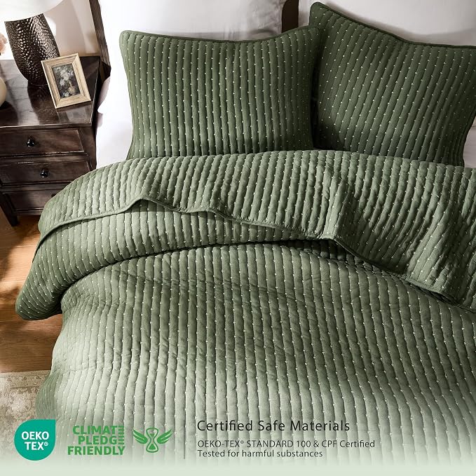 WDCOZY Olive Green Cross Stitch Queen Size Quilt Set, Striped Lightweight Soft - Image 2
