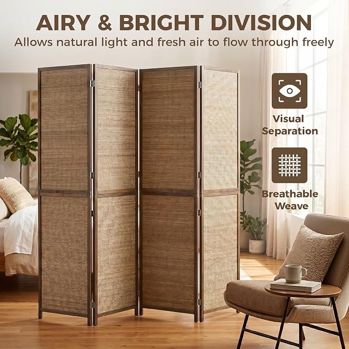 HOMCOM Room Divider, 6 FT Tall Folding Privacy Screen, 4-Panel Boho Brown | - Image 6