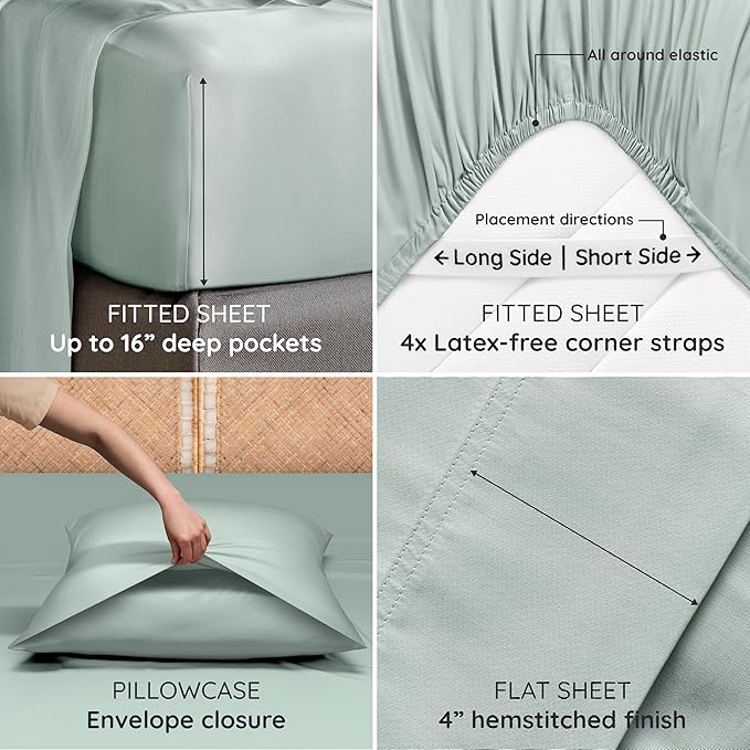 Bambaw 100% Viscose Derived from Bamboo Sheets Queen Size Deep Pocket Set – 4pcs Hotel Luxury Bedding Set, Fits Up to 16'' with Elastic Corner Straps, Ultra Soft Cooling Sheets Queen Size (Sea Glass)