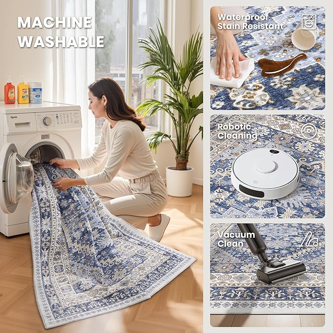 zesthome Washable Runner Rug 2.5x8 - Stain Resistant Entryway Rug,Ultra-Thin Kitchen Rugs, Anti Slip Backing Runner Rugs for Entrance Laundry Room Indoor Hallway (Blue/Beige,2.5'x8')