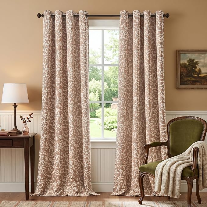 jinchan Taupe Floral Blackout Curtians 96 Inch Vintage Grommet 2 Panels | Room - Image 2