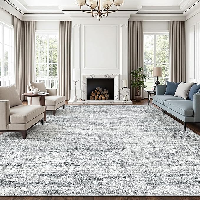 10x14 Area Rugs for Living Room, Non Slip Machine Washable Vintage Rugs, Low Pile Lightweight Large Rug for Bedroom, Dining Room, Home Office Grey