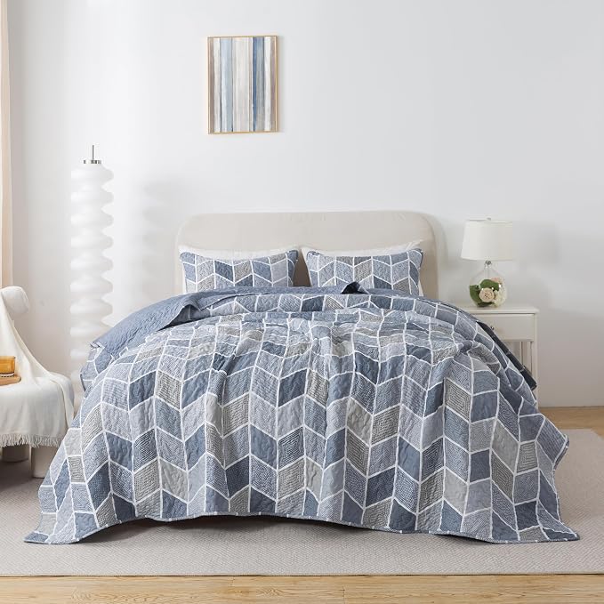 SLPR - Blue and Gray Chevron Heather Quilt Set, King - Image 8