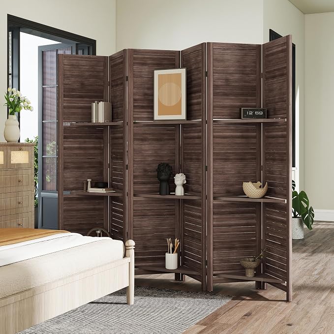 HOMCOM Room Divider 6 Panel 67" Tall Wood Privacy Screen Walnut | 3 Display - Image 8